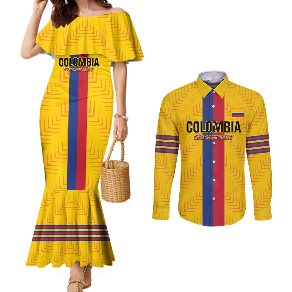 Custom Colombia Football Couples Matching Mermaid Dress and Long Sleeve Button Shirt Vamos Los Cafeteros