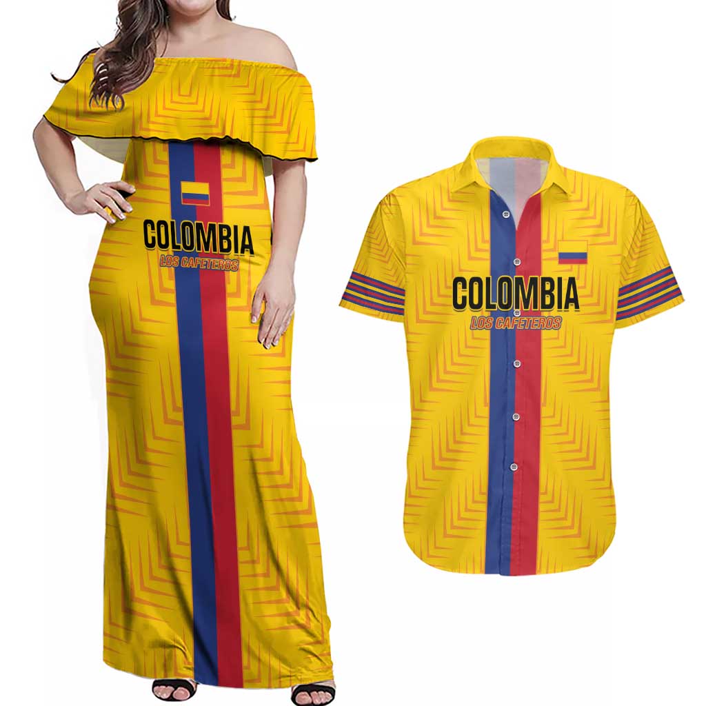 Custom Colombia Football Couples Matching Off Shoulder Maxi Dress and Hawaiian Shirt Vamos Los Cafeteros