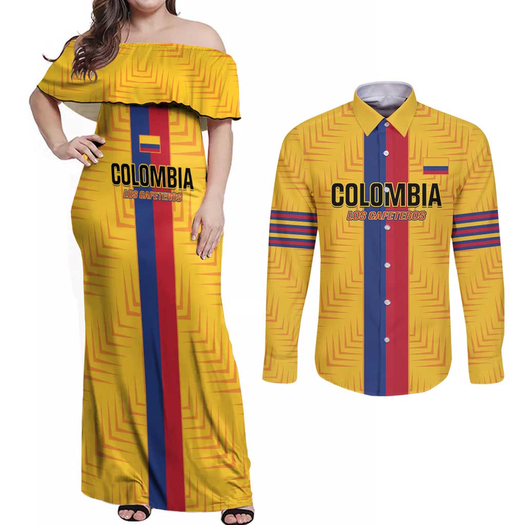 Custom Colombia Football Couples Matching Off Shoulder Maxi Dress and Long Sleeve Button Shirt Vamos Los Cafeteros