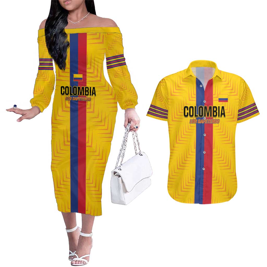 Custom Colombia Football Couples Matching Off The Shoulder Long Sleeve Dress and Hawaiian Shirt Vamos Los Cafeteros