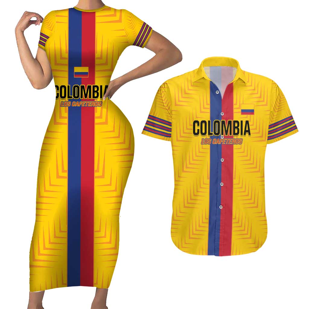 Custom Colombia Football Couples Matching Short Sleeve Bodycon Dress and Hawaiian Shirt Vamos Los Cafeteros