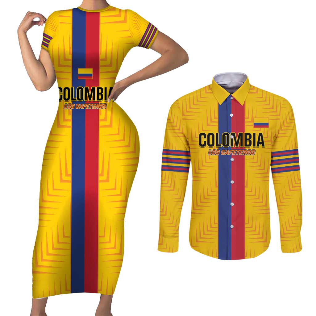 Custom Colombia Football Couples Matching Short Sleeve Bodycon Dress and Long Sleeve Button Shirt Vamos Los Cafeteros