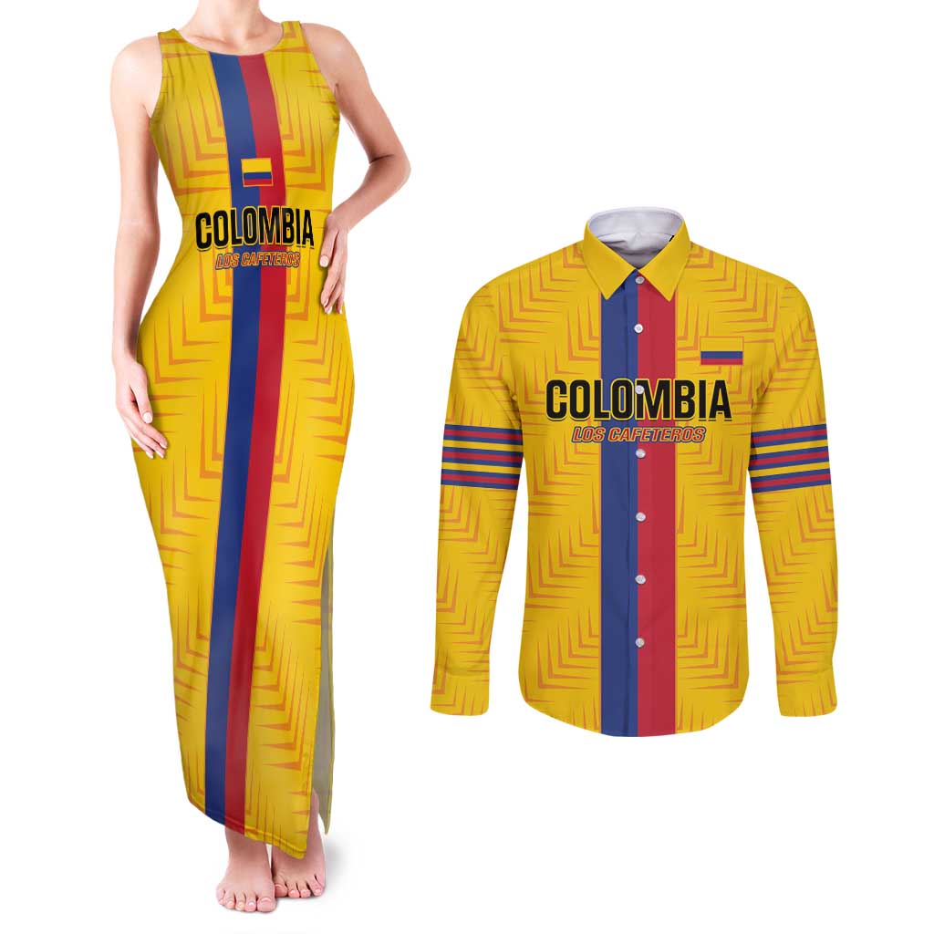 Custom Colombia Football Couples Matching Tank Maxi Dress and Long Sleeve Button Shirt Vamos Los Cafeteros