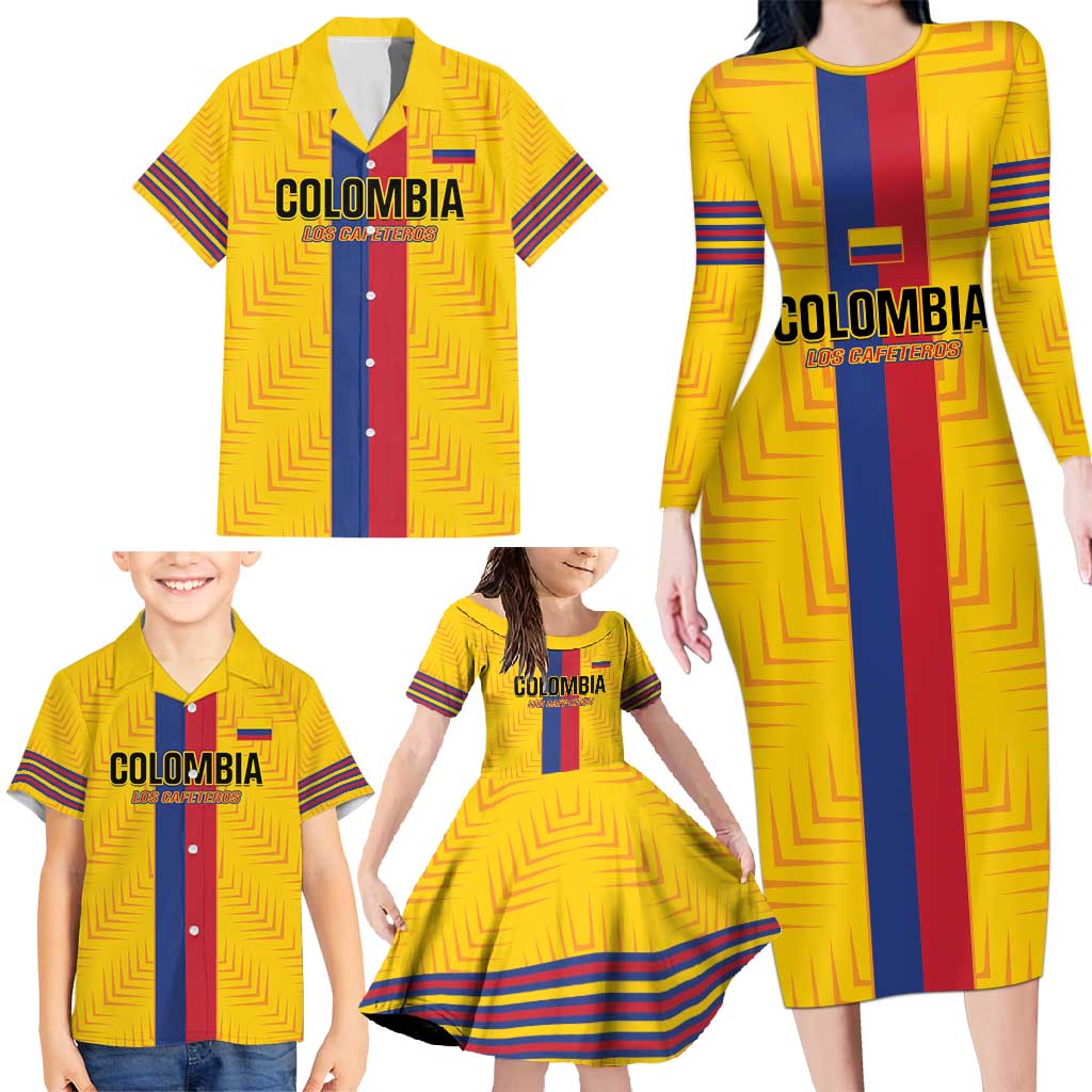 Custom Colombia Football Family Matching Long Sleeve Bodycon Dress and Hawaiian Shirt Vamos Los Cafeteros