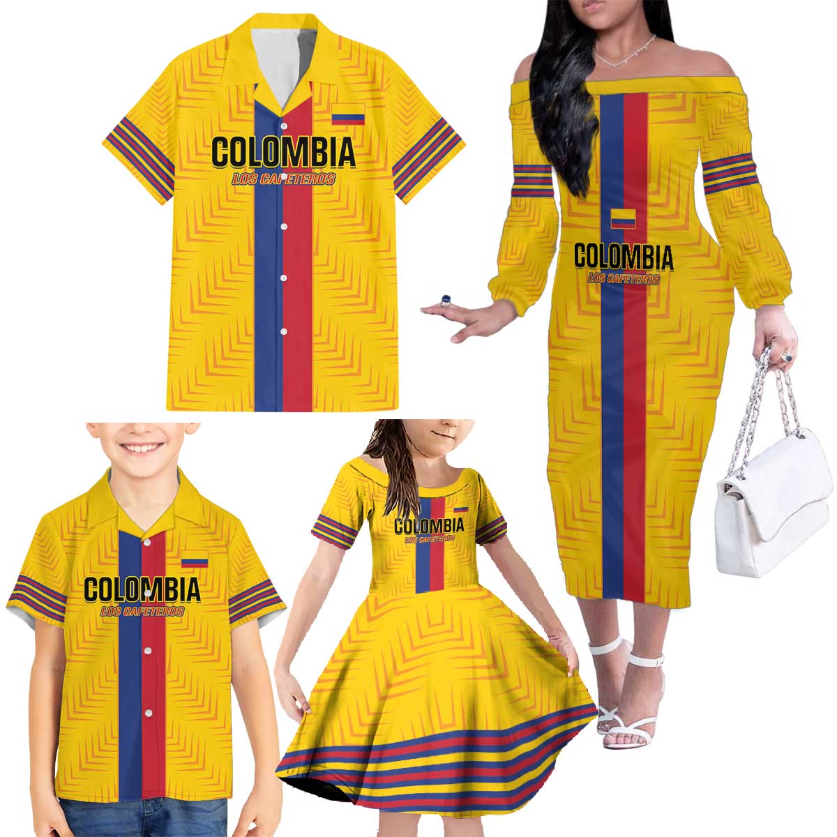 Custom Colombia Football Family Matching Off The Shoulder Long Sleeve Dress and Hawaiian Shirt Vamos Los Cafeteros