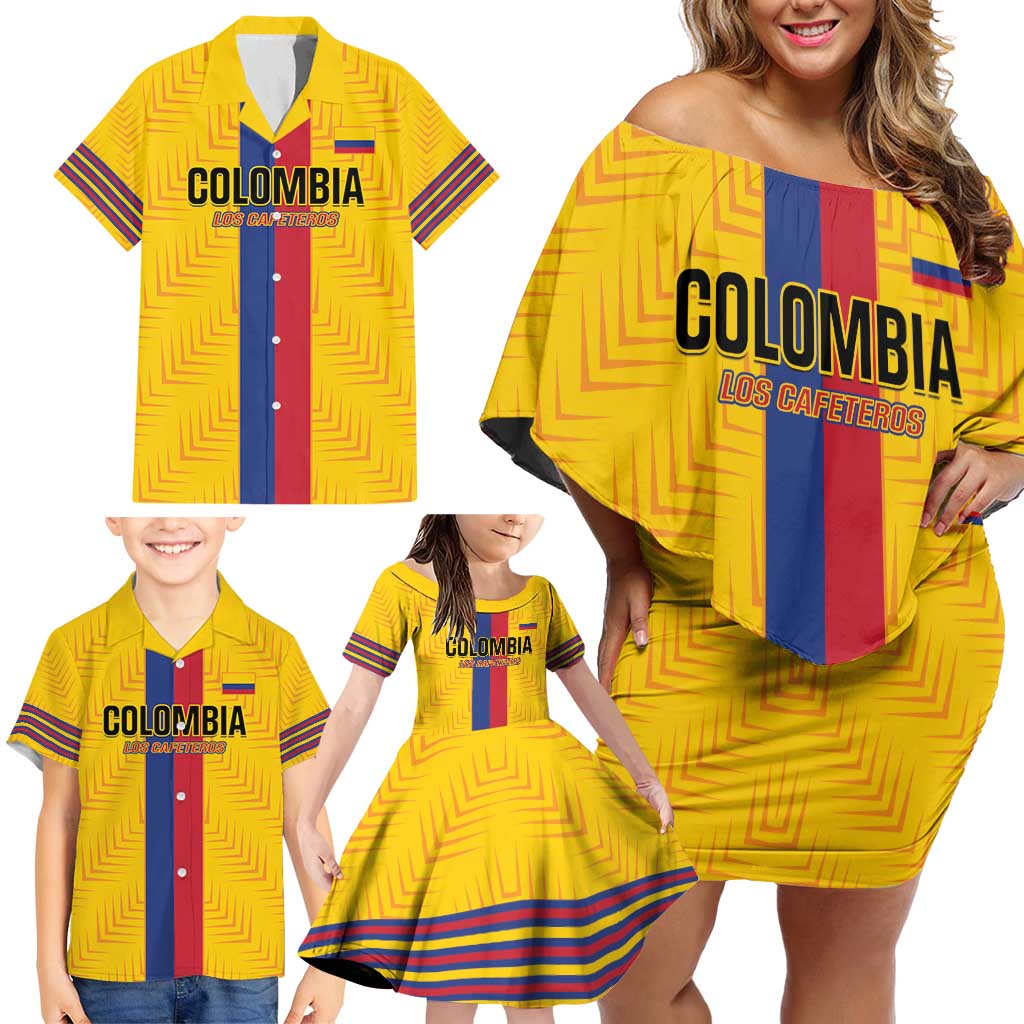 Custom Colombia Football Family Matching Off Shoulder Short Dress and Hawaiian Shirt Vamos Los Cafeteros