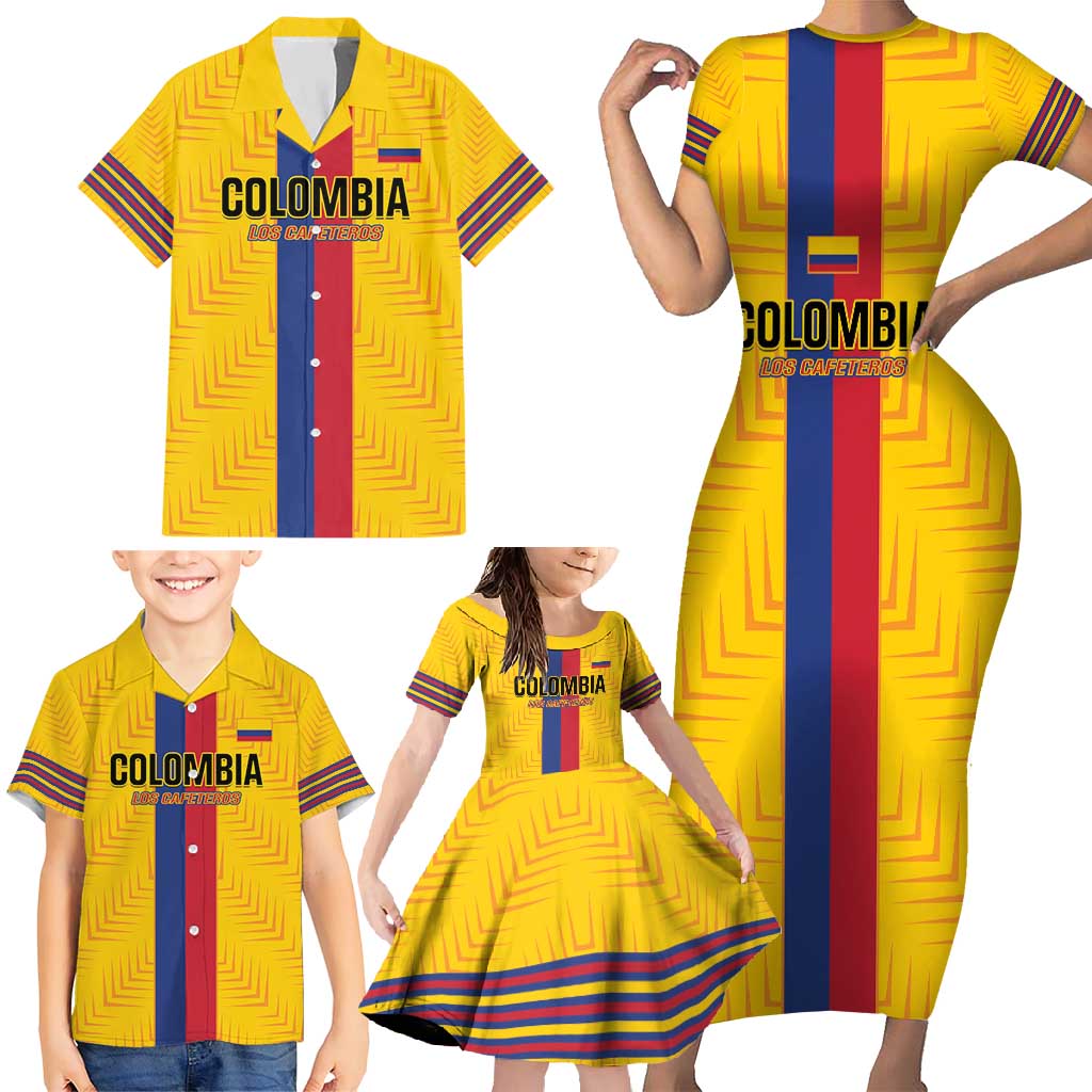 Custom Colombia Football Family Matching Short Sleeve Bodycon Dress and Hawaiian Shirt Vamos Los Cafeteros