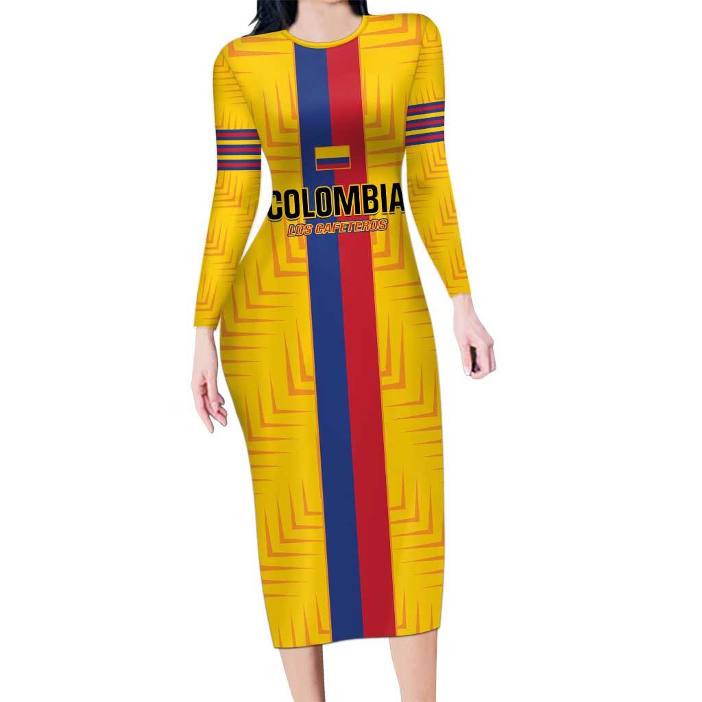 Custom Colombia Football Long Sleeve Bodycon Dress Vamos Los Cafeteros