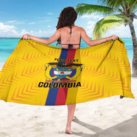 Yellow football sarong with Colombia crest and custom Your Text, draped back view