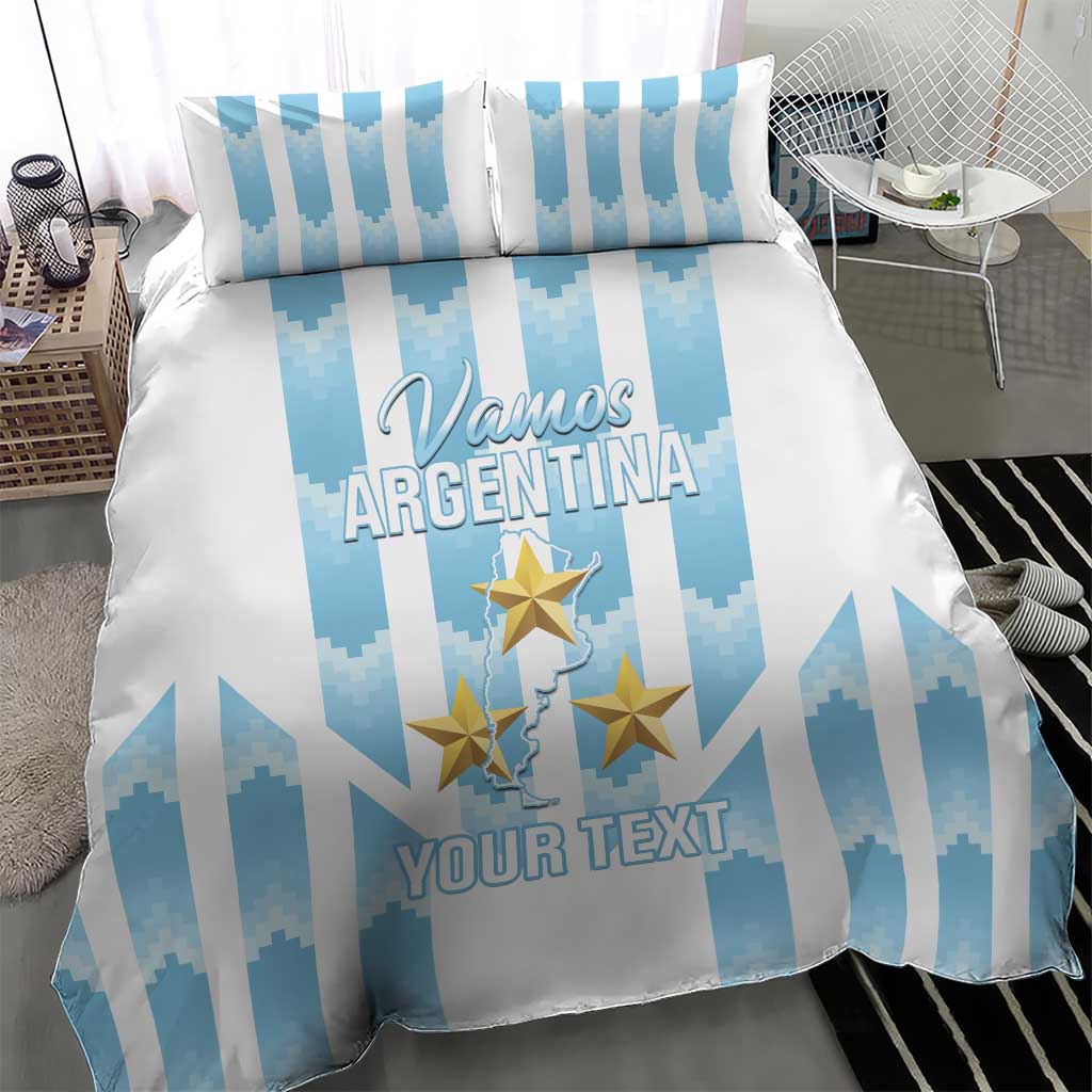 Argentina football bedding set: blue striped duvet with gold stars and centered text panel