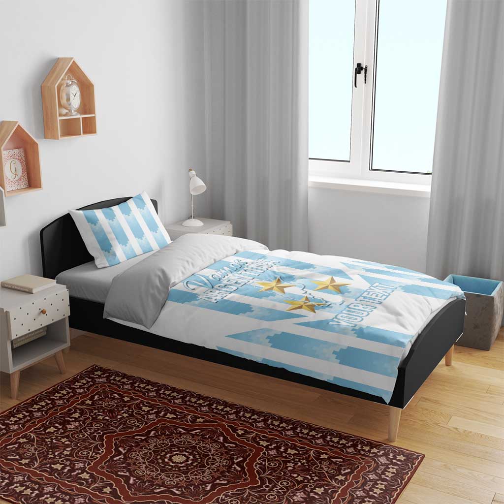 Argentina football bedding set: blue striped duvet with gold stars and your text