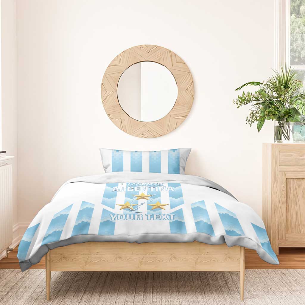 Argentina football bedding set: blue striped duvet with gold stars, white bedspread