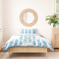 Argentina football bedding set: blue striped duvet with gold stars, white bedspread