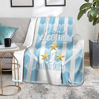 Argentina football blanket on the floor, blue stripes, gold stars, custom text