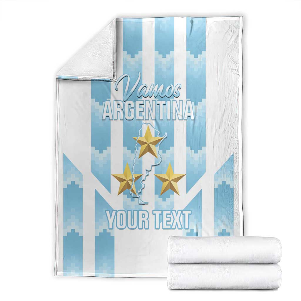 Argentina football blanket with folded stack, blue stripes and gold stars, custom text