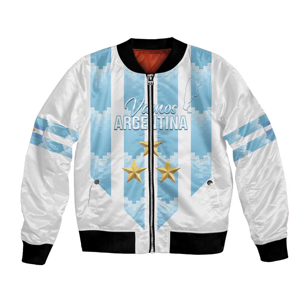 White and light-blue striped bomber jacket with front zipper, gold stars, black ribbed cuffs