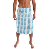 Blue and white striped lavalava skirt with elastic waistband and custom number 14 print
