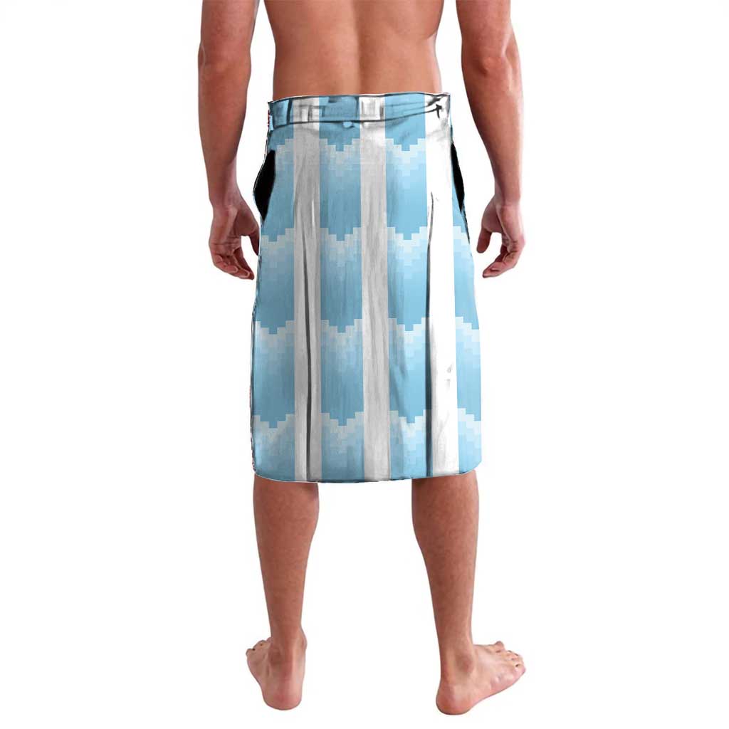 Blue and white striped lavalava skirt with tie waistband and pixel-style vertical pattern