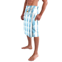 Blue and white vertical stripe lavalava skirt, knee-length, elastic waistband