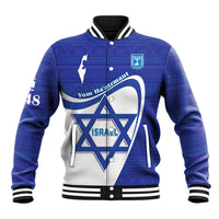 Blue unisex baseball jacket with white front graphic, striped ribbed collar and cuffs