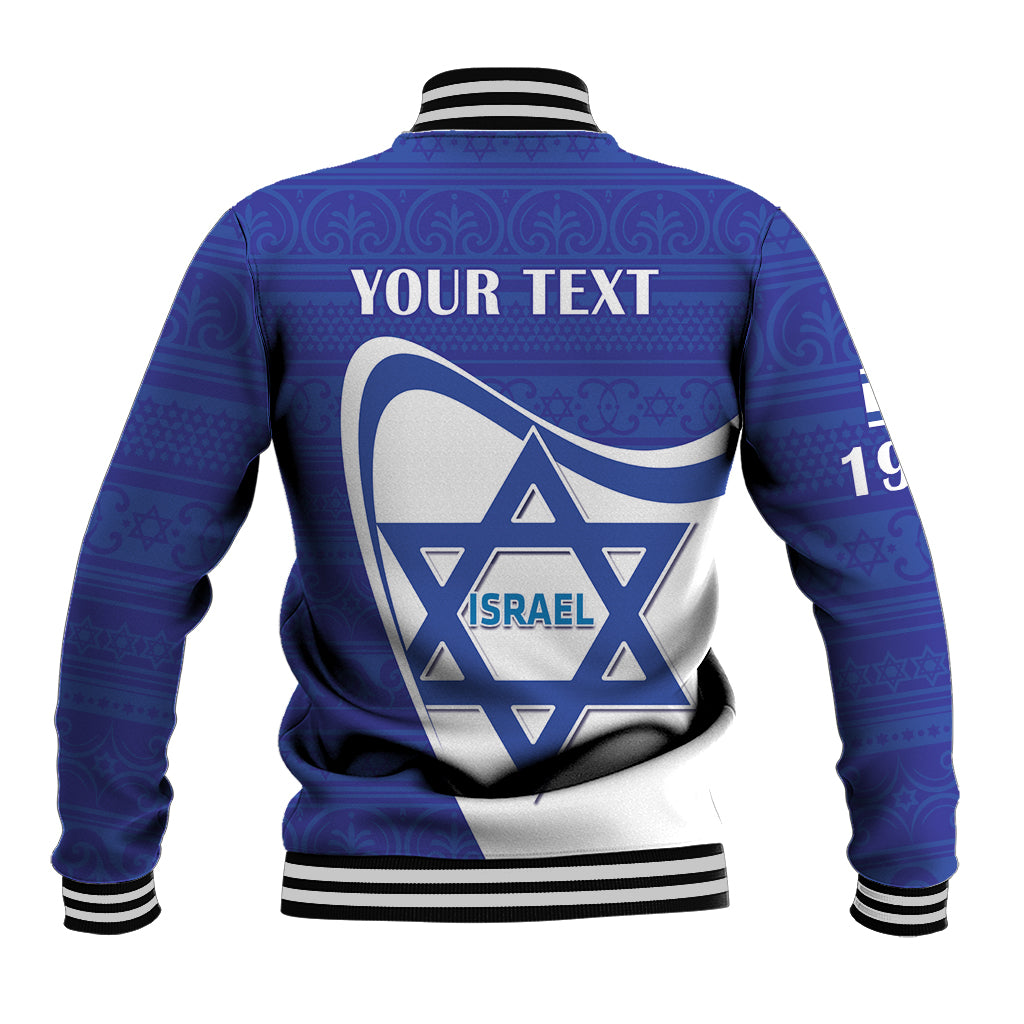 Blue unisex baseball jacket with large white back graphic, striped ribbed hem