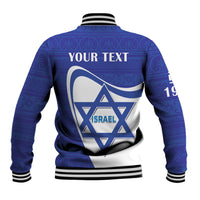Blue unisex baseball jacket with large white back graphic, striped ribbed hem
