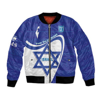 Blue bomber jacket with white Israel emblem and zip front, ribbed cuffs and hem