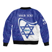 Blue bomber jacket back with YOUR TEXT and Israel emblem, ribbed hem and cuffs