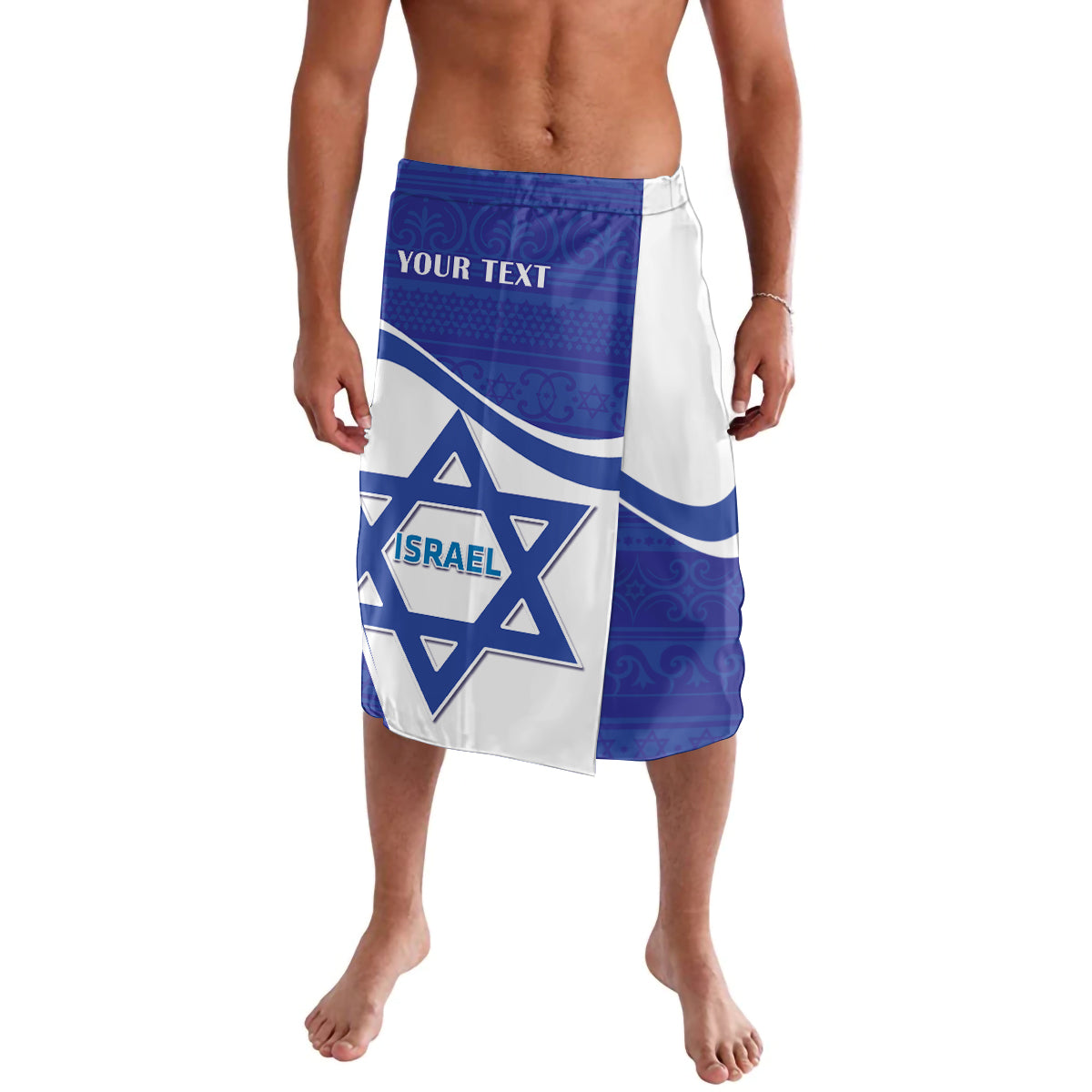 Blue and white personalized lavalava with large Israel star graphic and text on skirt