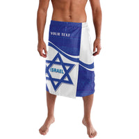 Blue and white personalized lavalava with large Israel star graphic and text on skirt