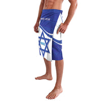Blue and white personalized lavalava with Israel star emblem and wrap-style side panel