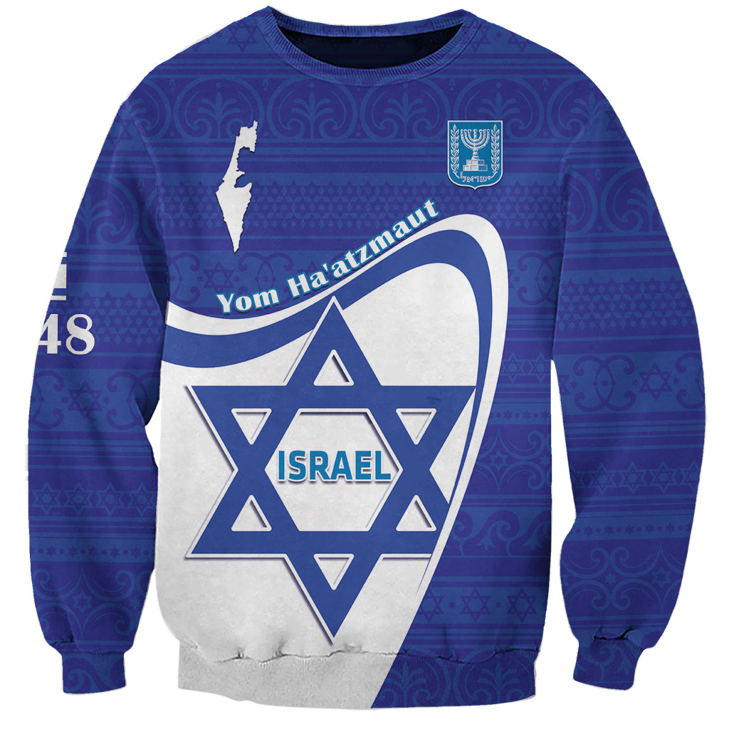 Unisex blue sweatshirt with Israel Star graphic and Yom Haatzmaut text on front