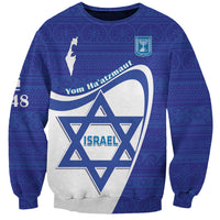 Unisex blue sweatshirt with Israel Star graphic and Yom Haatzmaut text on front