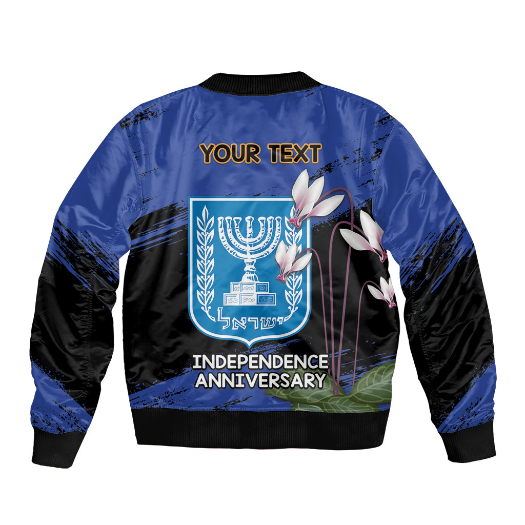 Men's bomber jacket, blue back graphic with 'YOUR TEXT' and Independence Anniversary, black sleeves