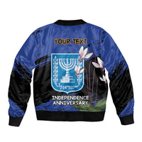 Men's bomber jacket, blue back graphic with 'YOUR TEXT' and Independence Anniversary, black sleeves