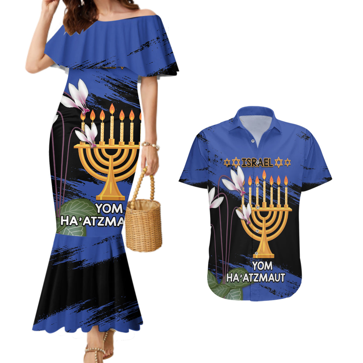 Personalised Israel Independence Day Couples Matching Mermaid Dress and Hawaiian Shirt Menorah With Cyclamen Persicum Grunge - Wonder Print Shop