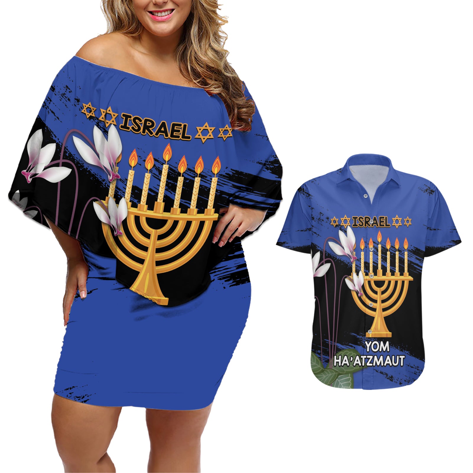 Personalised Israel Independence Day Couples Matching Off Shoulder Short Dress and Hawaiian Shirt Menorah With Cyclamen Persicum Grunge - Wonder Print Shop