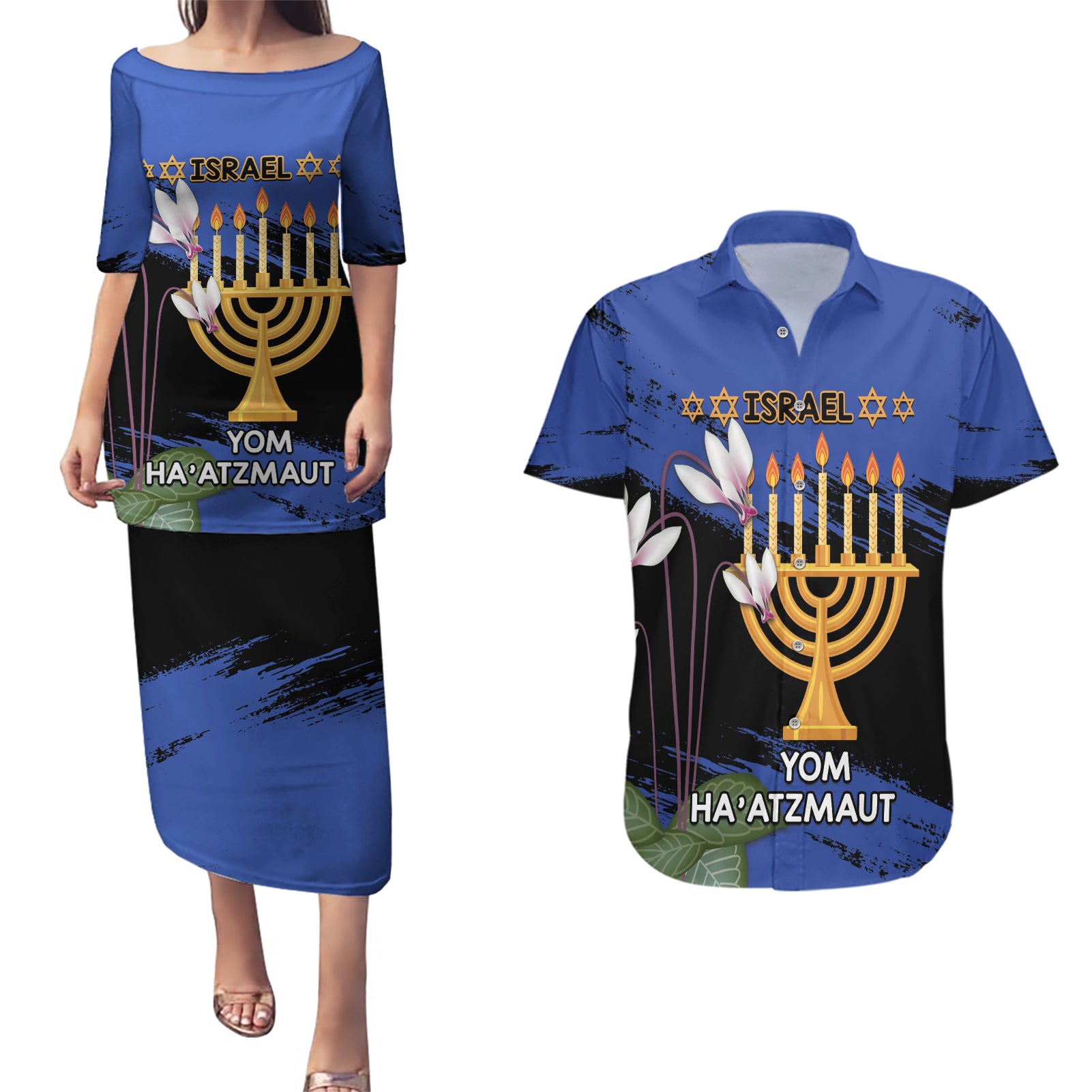 Personalised Israel Independence Day Couples Matching Puletasi and Hawaiian Shirt Menorah With Cyclamen Persicum Grunge - Wonder Print Shop