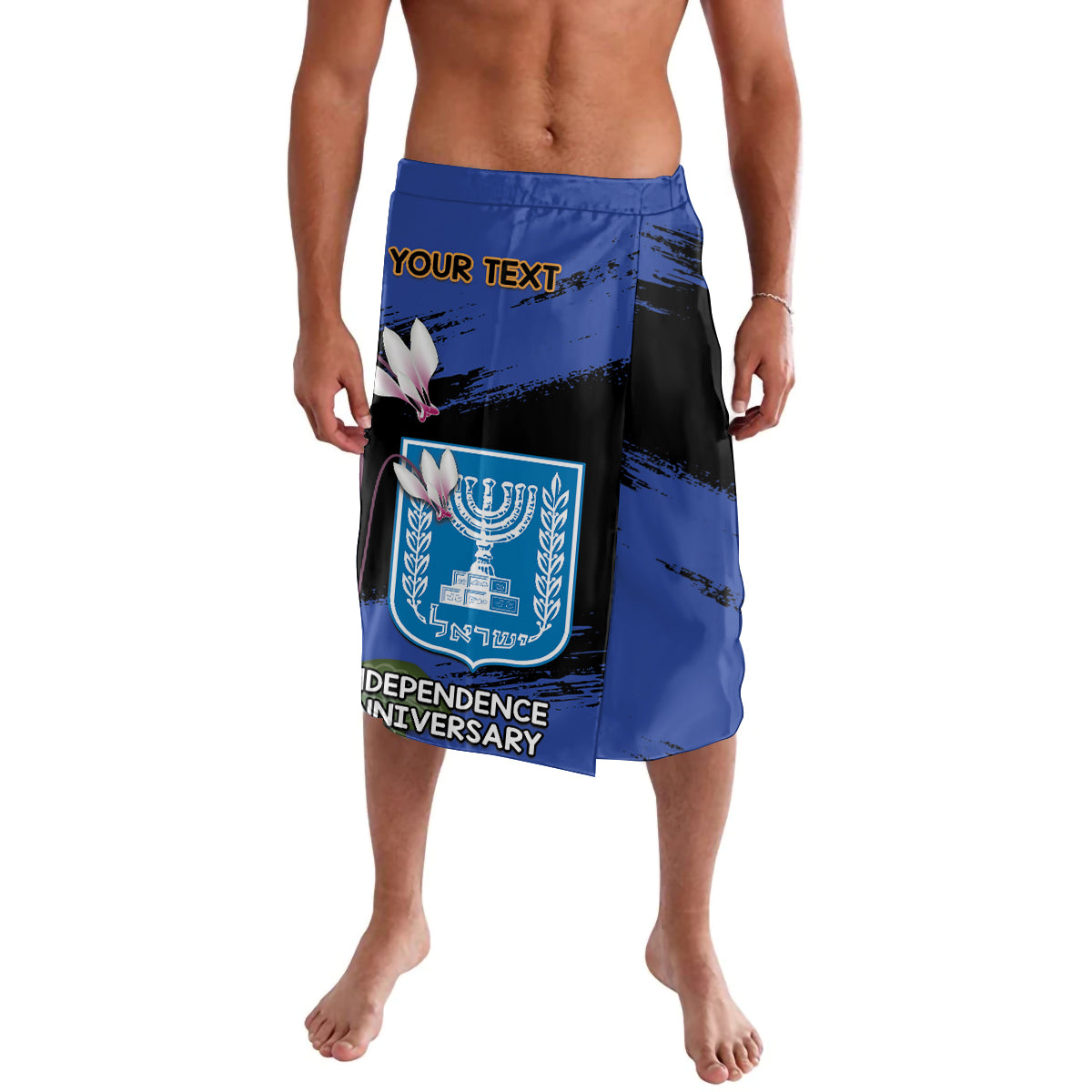 Men's blue-and-black lavalava shorts with Independence emblem and custom text panel