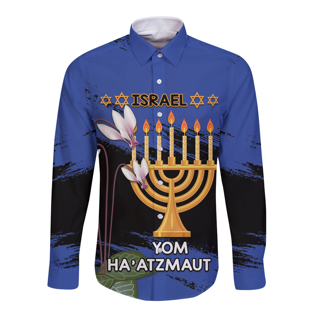 Mens long-sleeve button shirt in blue with menorah, lilies, and Independence text