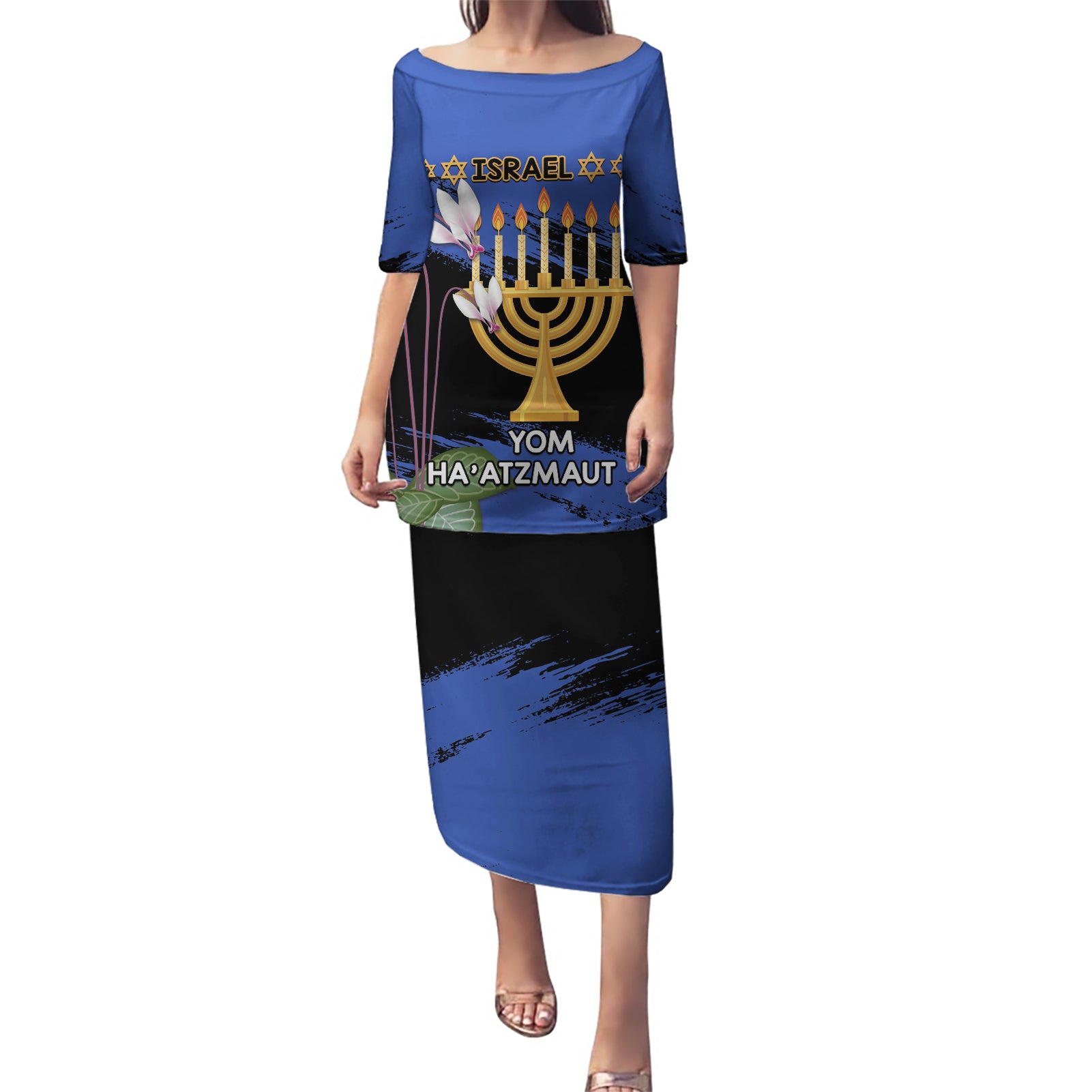 Personalised Israel Independence Day Puletasi Menorah With Cyclamen Persicum Grunge - Wonder Print Shop