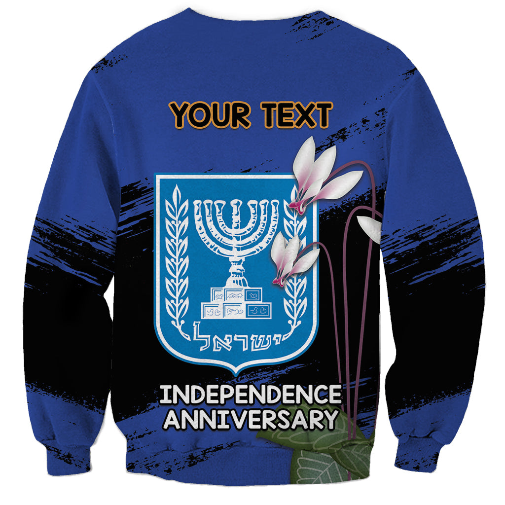 Blue crewneck sweatshirt with custom text back print, menorah and wreath graphic