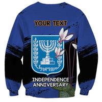 Blue crewneck sweatshirt with custom text back print, menorah and wreath graphic