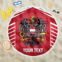 Red round beach blanket with fringe, Austria crest, red-and-white stripes and custom text