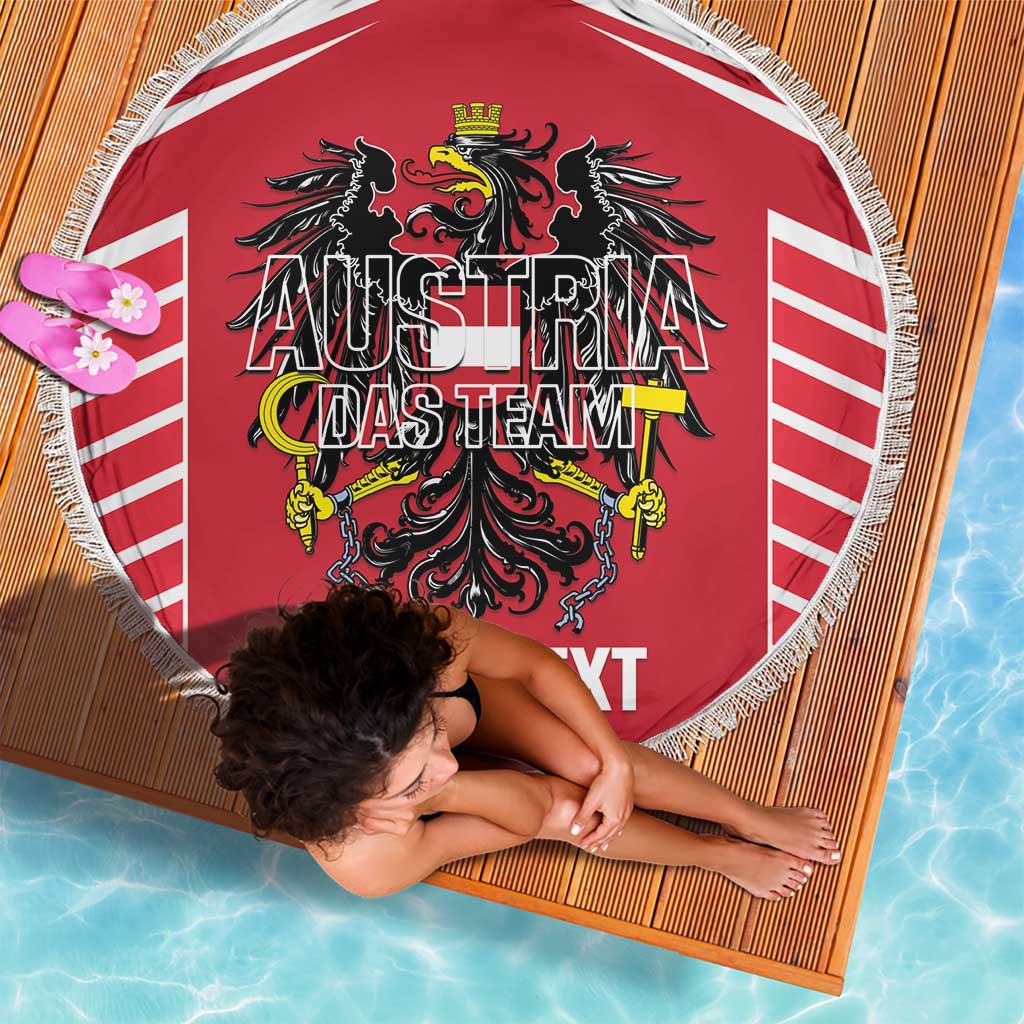 Red circular beach blanket with fringe, Austria coat of arms, striped accents and custom text