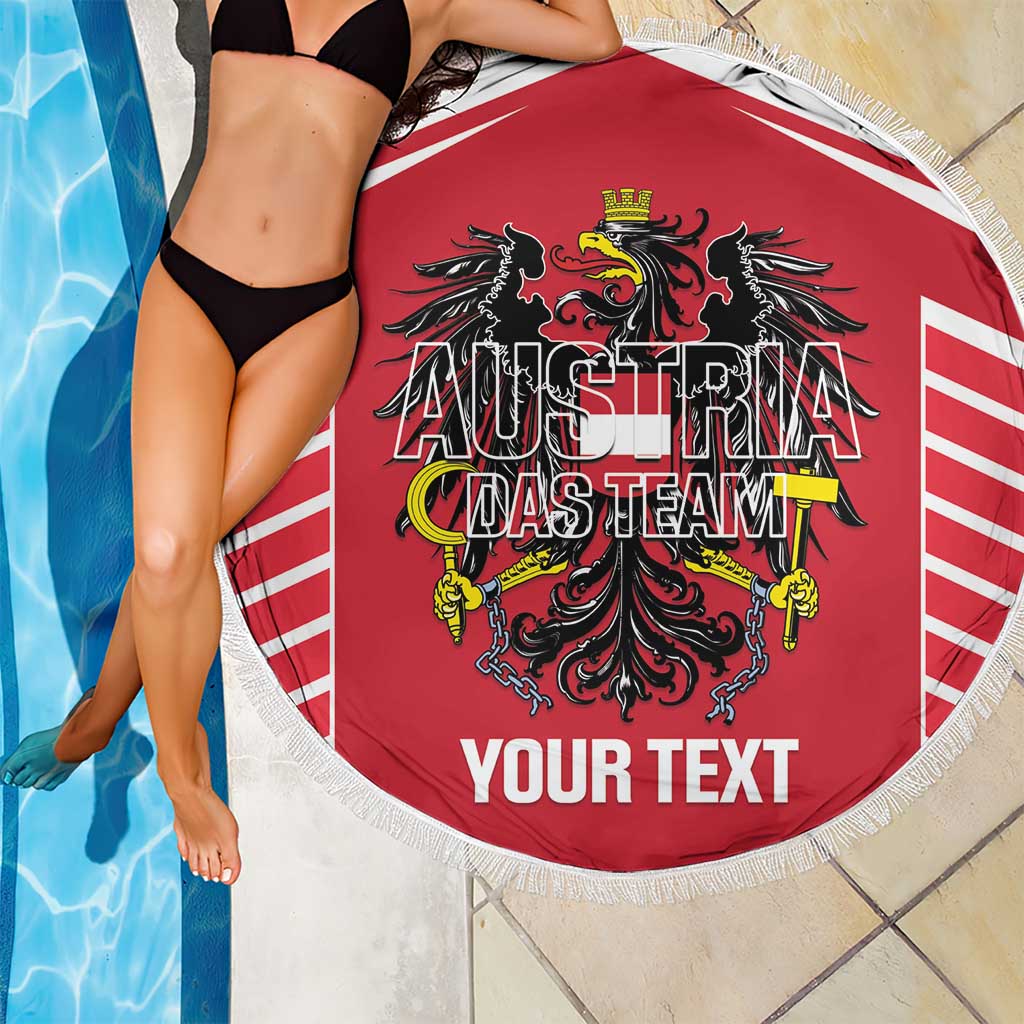 Red round beach blanket with fringe, Austria coat of arms and custom text print