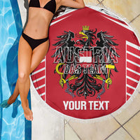 Red round beach blanket with fringe, Austria coat of arms and custom text print