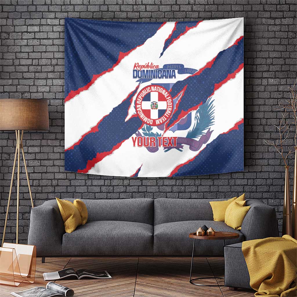 Dominican Republic wall tapestry with blue, white, and red diagonal design and crest