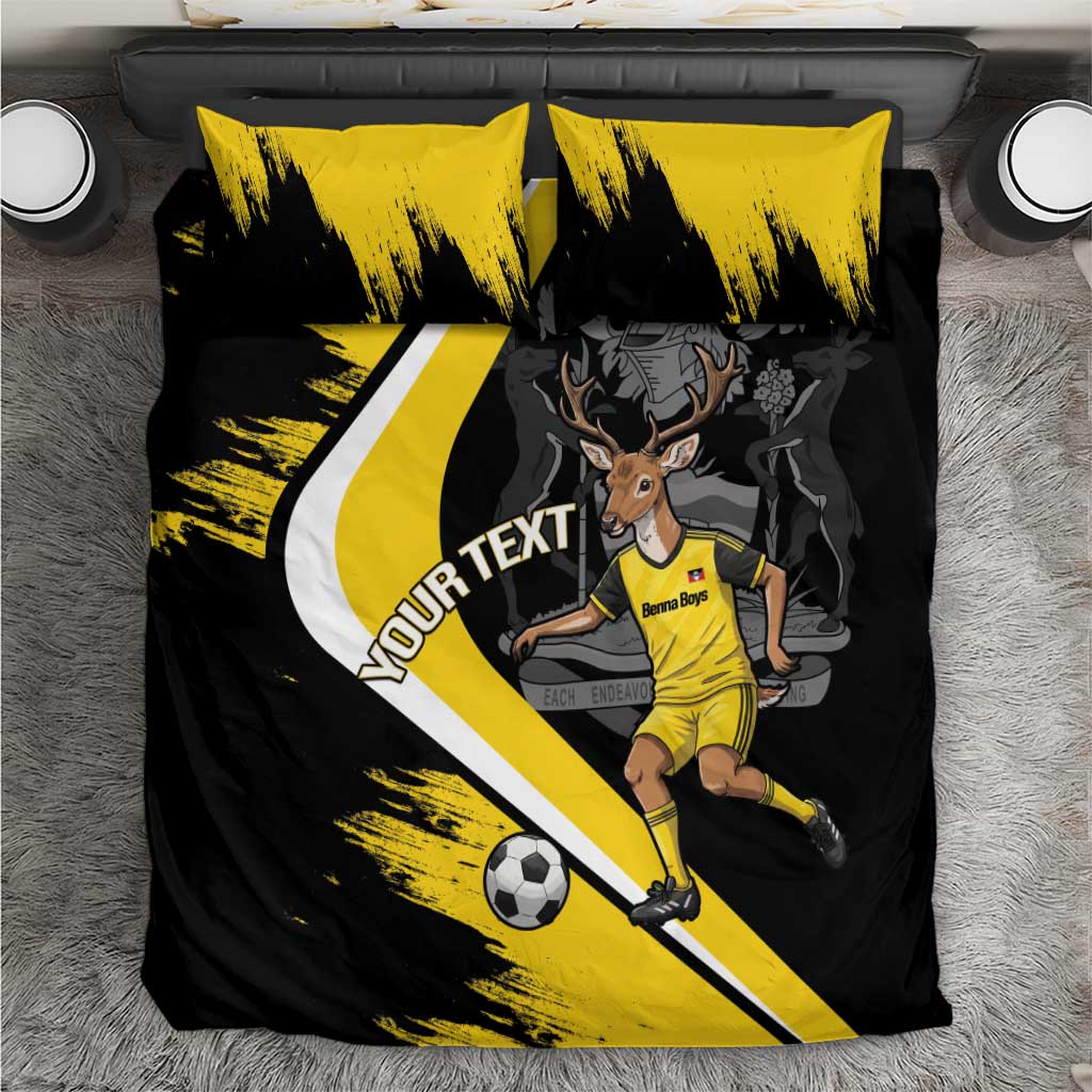 Black and yellow soccer-themed bedding set with deer mascot on duvet and pillowcases