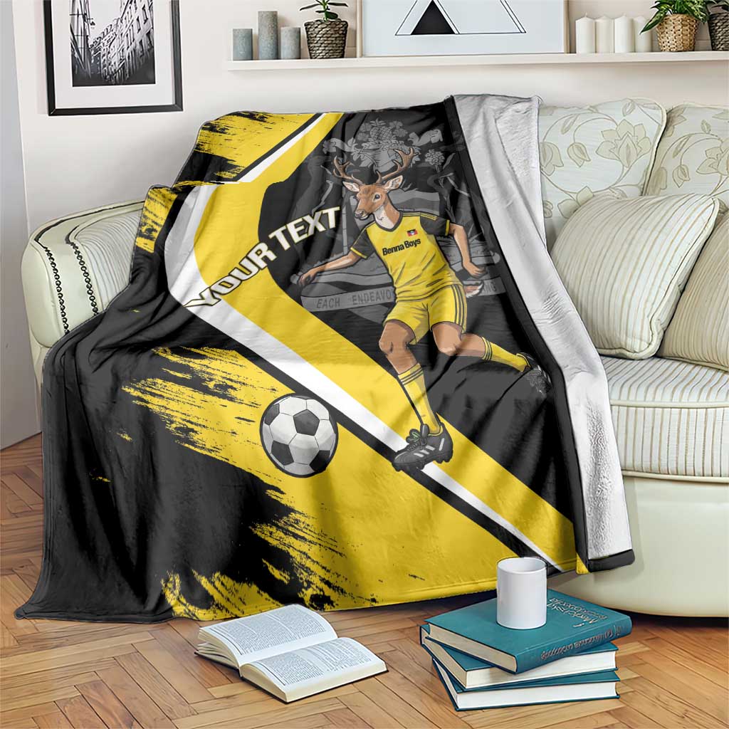 Boys football blanket with black, yellow, and white diagonal stripes and mascot print